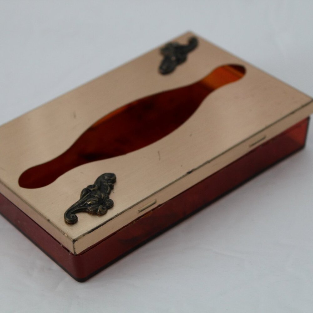 Vintage  Gold Tone Mini Pocket Size Tissue Holder Faux Tortoise 1950"s